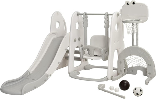 6 in 1 Parco Giochi per Bambini, con Altalena Scivolo Canestro da Basket Golf, Parco Giochi per Bambini da Esterno ed Interno, 172x182x108-120cm, 18 Mesi+ (Bianco)