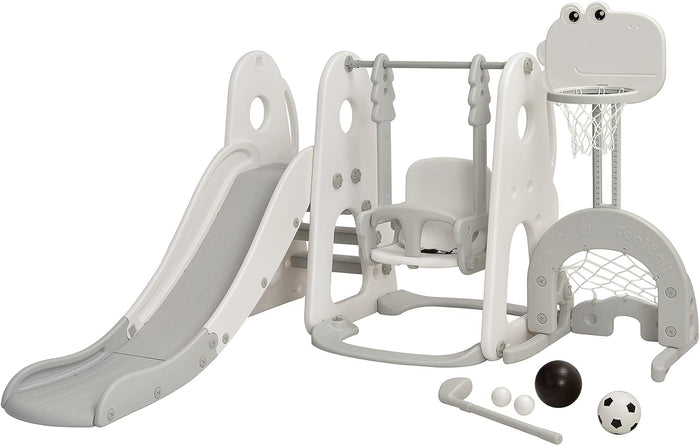 6 in 1 Parco Giochi per Bambini, con Altalena Scivolo Canestro da Basket Golf, Parco Giochi per Bambini da Esterno ed Interno, 172x182x108-120cm, 18 Mesi+ (Bianco)