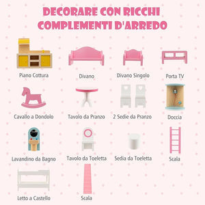 Casa delle Bambole in Legno, Casetta delle Bambole per Bambini, 3 Piani, 6 Stanze Simulate e 15 Pezzi di Mobili, Giocattolo per Bambini 3+ anni, Rosa