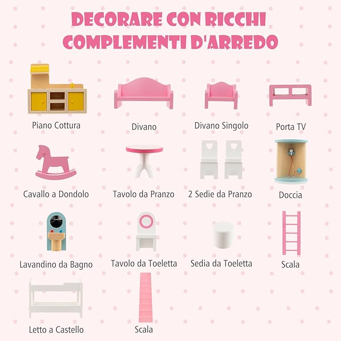 Casa delle Bambole in Legno, Casetta delle Bambole per Bambini, 3 Piani, 6 Stanze Simulate e 15 Pezzi di Mobili, Giocattolo per Bambini 3+ anni, Rosa