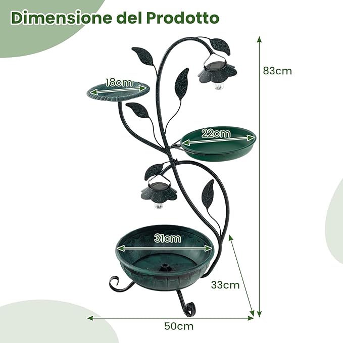 Mangiatoia per Uccelli da Giardino 83CM, Vasca per Uccelli da Esterno Alimentata a Energia Solare con Piedistallo per Fiori e 2 Luci LED, per Giardino, Cortile e Prato, Bronzo