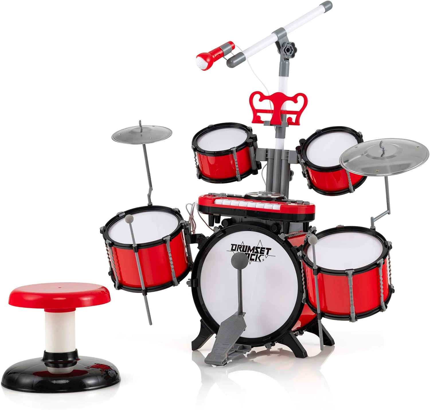 Set di Batteria per Bambini, Batteria Jazz con Tastiera Microfono e Leggio, Strumento Elettrico con Sgabello, Regalo per Bambini 3+ Anni, Rosso