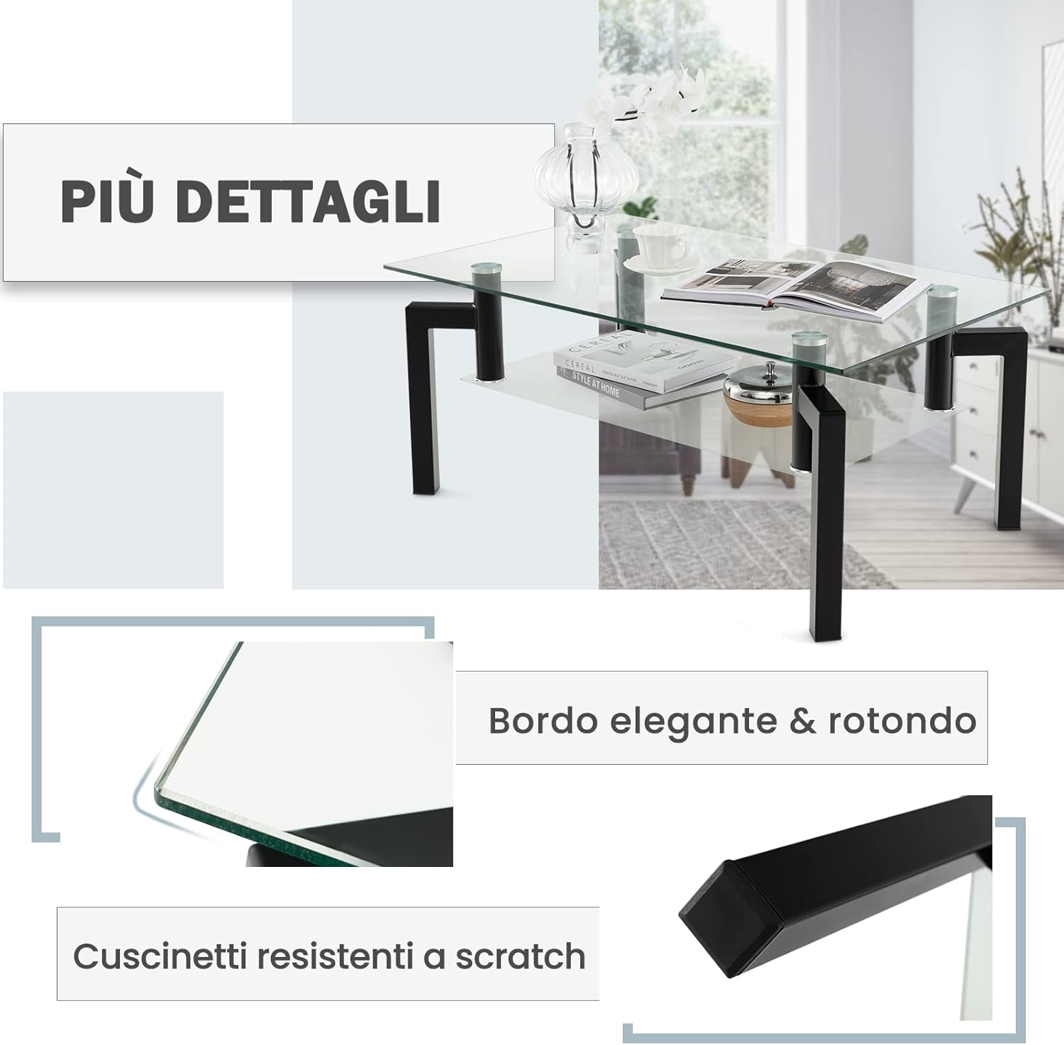 Tavolino da Salotto in Vetro Temperato Moderno, Tavolo Basso Rettangolare a 2 Livelli con Struttura in Metallo, Tavolino da Caffè per Soggiorno e Ufficio, 100 x 60 x 43 cm