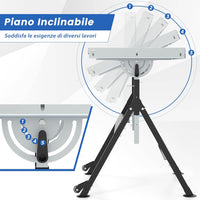 Banco da Lavoro Pieghevole, Tavolo da Lavoro Portatile con Piattaforma Inclinabile e Altezza Regolabile, 2 Ruote, con 3 Slot e 2 Portautensili, Capacità di Carico 180 KG (Modello 1)