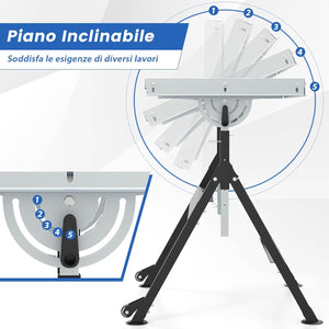 Banco da Lavoro Pieghevole, Tavolo da Lavoro Portatile con Piattaforma Inclinabile e Altezza Regolabile, 2 Ruote, con 3 Slot e 2 Portautensili, Capacità di Carico 180 KG (Modello 1)