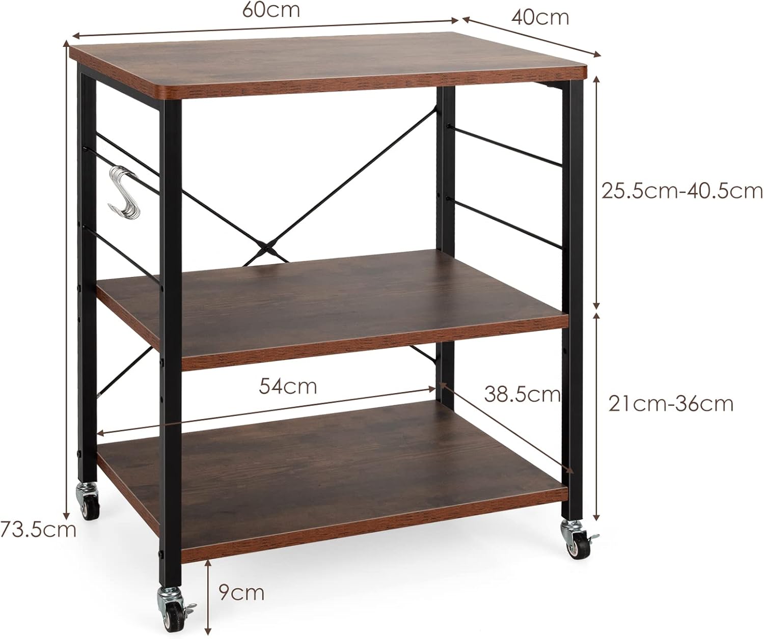 Carrello da Cucina con 10 Ganci Rimovibili, Scaffale per Pasticceria con 3 Livelli, Scaffale con Struttura di Metallo con Ruote Bloccabili per Bar Ristorante Hotel, 60 x 40 x 73,5 cm (Marrone)