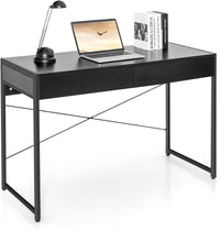 Scrivania per Computer con 2 Cassetti, Scrivania Porta PC con Telaio in Metallo e Legno, Posizione da Lavoro per Studio e Ufficio, Portata 100 kg, 112 x 48 x 76 cm (Nero)