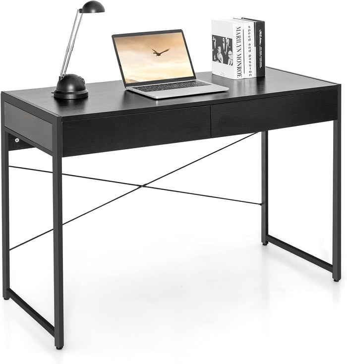 Scrivania per Computer con 2 Cassetti, Scrivania Porta PC con Telaio in Metallo e Legno, Posizione da Lavoro per Studio e Ufficio, Portata 100 kg, 112 x 48 x 76 cm (Nero)