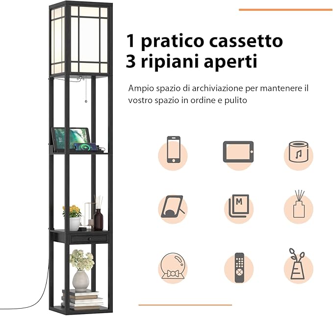 Lampada a Stelo con Ripiani e Cassetto, Lampada a Piantana Moderna con 2 Porte USB, Lampada da Terra per Salone e Camera da Letto, 26 x 26 x 160,5 cm (Modello 1)