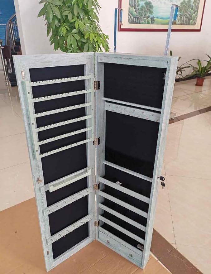 Armadietto per Gioielli con Illuminazione a LED Portagioie da Parete con Specchio, Chiudibile a Chiave, 35,5 x 10 x 120 cm (Blu Chiaro)