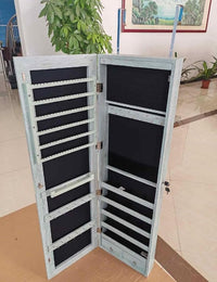 Armadietto per Gioielli con Illuminazione a LED Portagioie da Parete con Specchio, Chiudibile a Chiave, 35,5 x 10 x 120 cm (Blu Chiaro)