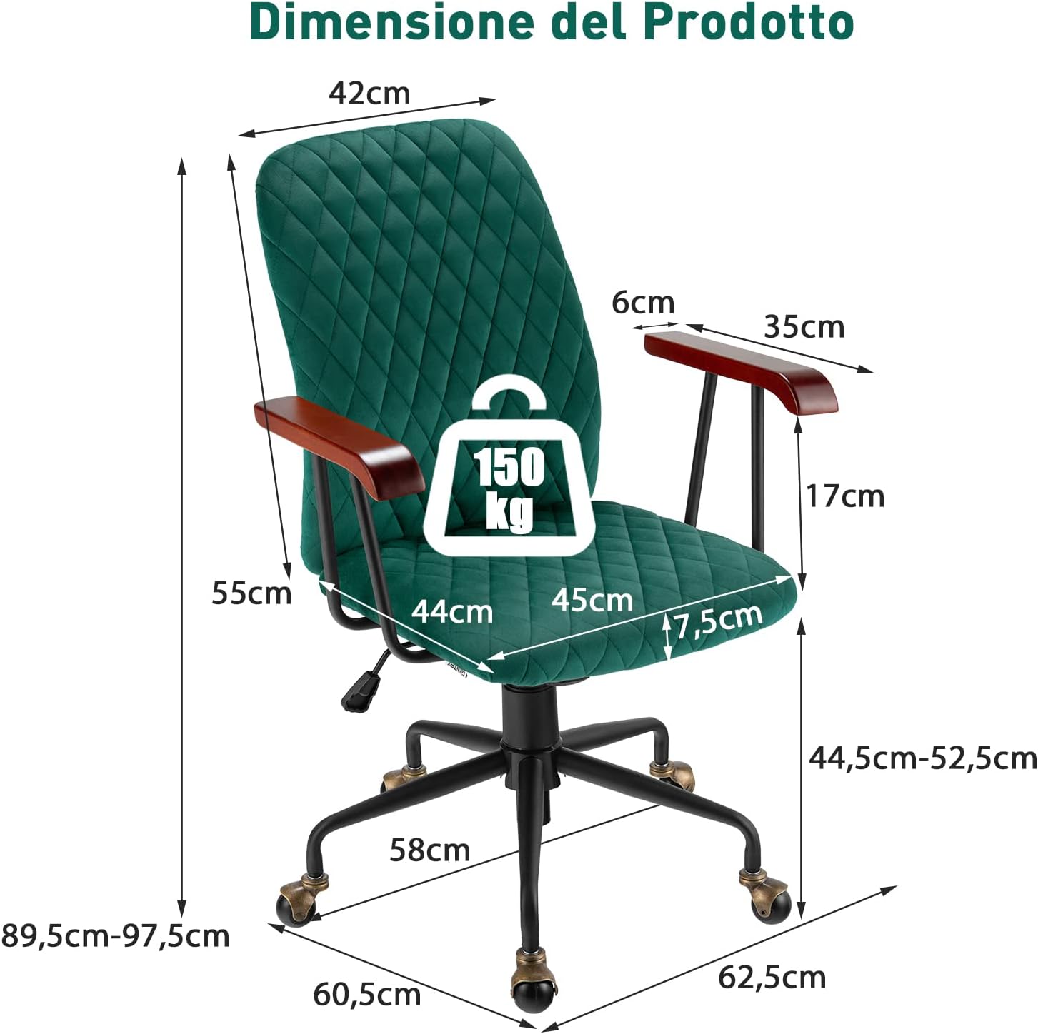 Sedia Girevole in Velluto, Sedia da Ufficio con Altezza Regolabile e Schienale, con Braccioli in Gomma e Ruote in Rame, Carico Massimo 150 kg (Verde)