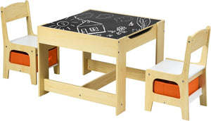 Tavolino Bambini 3 in 1, Set Tavolo e Sedie per Bambini con Lavagna Rimovibile e 2 Sedie con Cestini Portaoggetti, Scrivania Multiuso per Cameretta e Soggiorno (Legno)