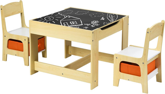Tavolino Bambini 3 in 1, Set Tavolo e Sedie per Bambini con Lavagna Rimovibile e 2 Sedie con Cestini Portaoggetti, Scrivania Multiuso per Cameretta e Soggiorno (Legno)