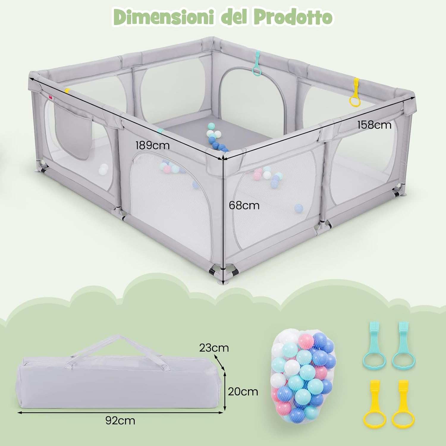 Recinto per Bambini, Box per Bambini con Rete Traspirante, Centro Attività per Bambini con 50 Palline, Box Giochi per Bambini 0-3 Anni (Grigio, 189 x 158 cm)