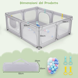 Recinto per Bambini, Box per Bambini con Rete Traspirante, Centro Attività per Bambini con 50 Palline, Box Giochi per Bambini 0-3 Anni (Grigio, 189 x 158 cm)