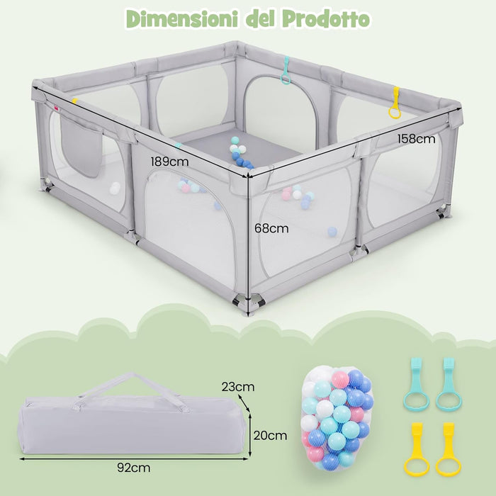 Recinto per Bambini, Box per Bambini con Rete Traspirante, Centro Attività per Bambini con 50 Palline, Box Giochi per Bambini 0-3 Anni (Grigio, 189 x 158 cm)