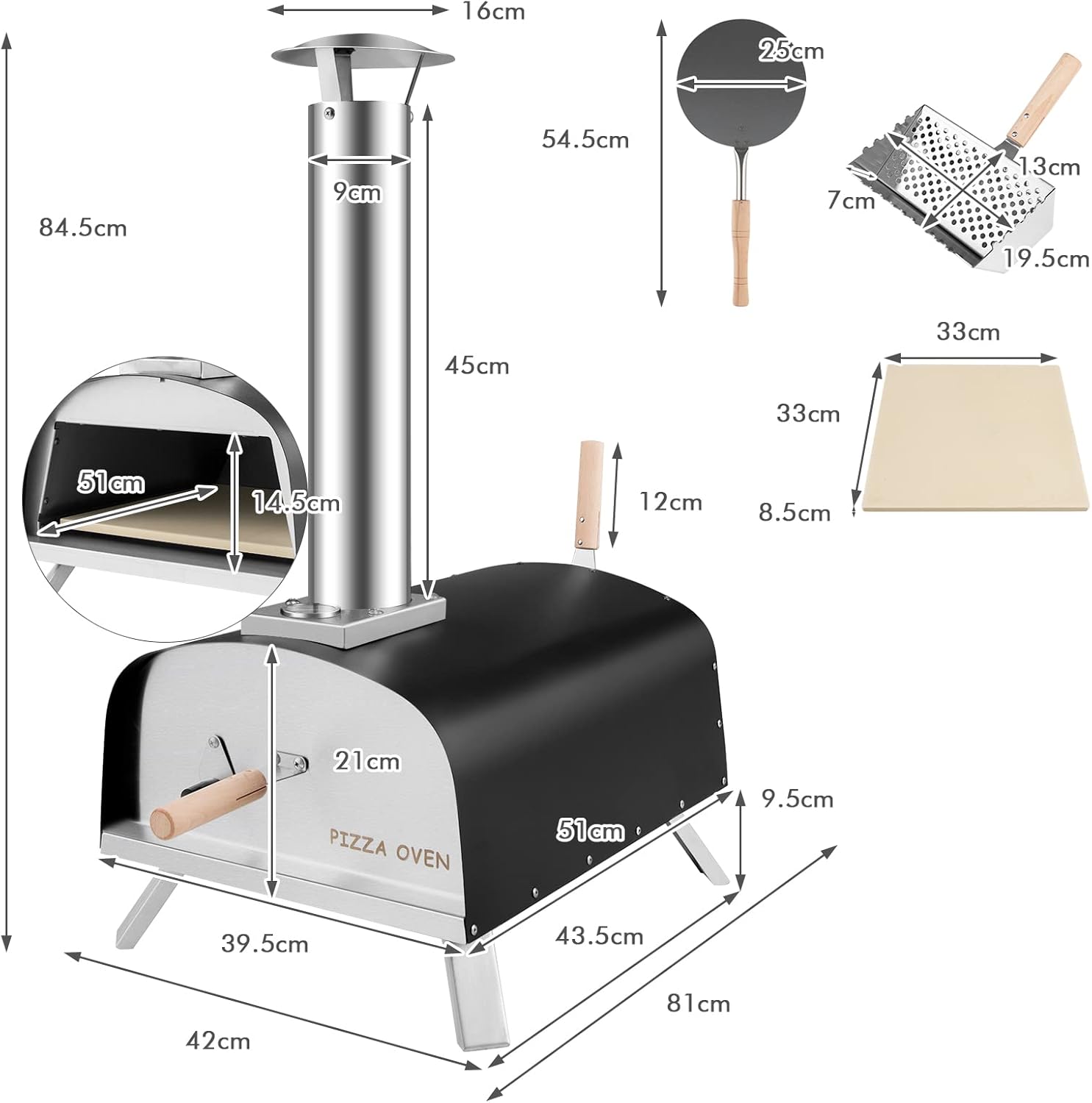 Forno per Pizza da Esterno, Forno per Pizza con Pietra per Pizza, Parafuoco, Gambe Pieghevoli, Camino Smontabile, Fornetto Portatile Giardino
