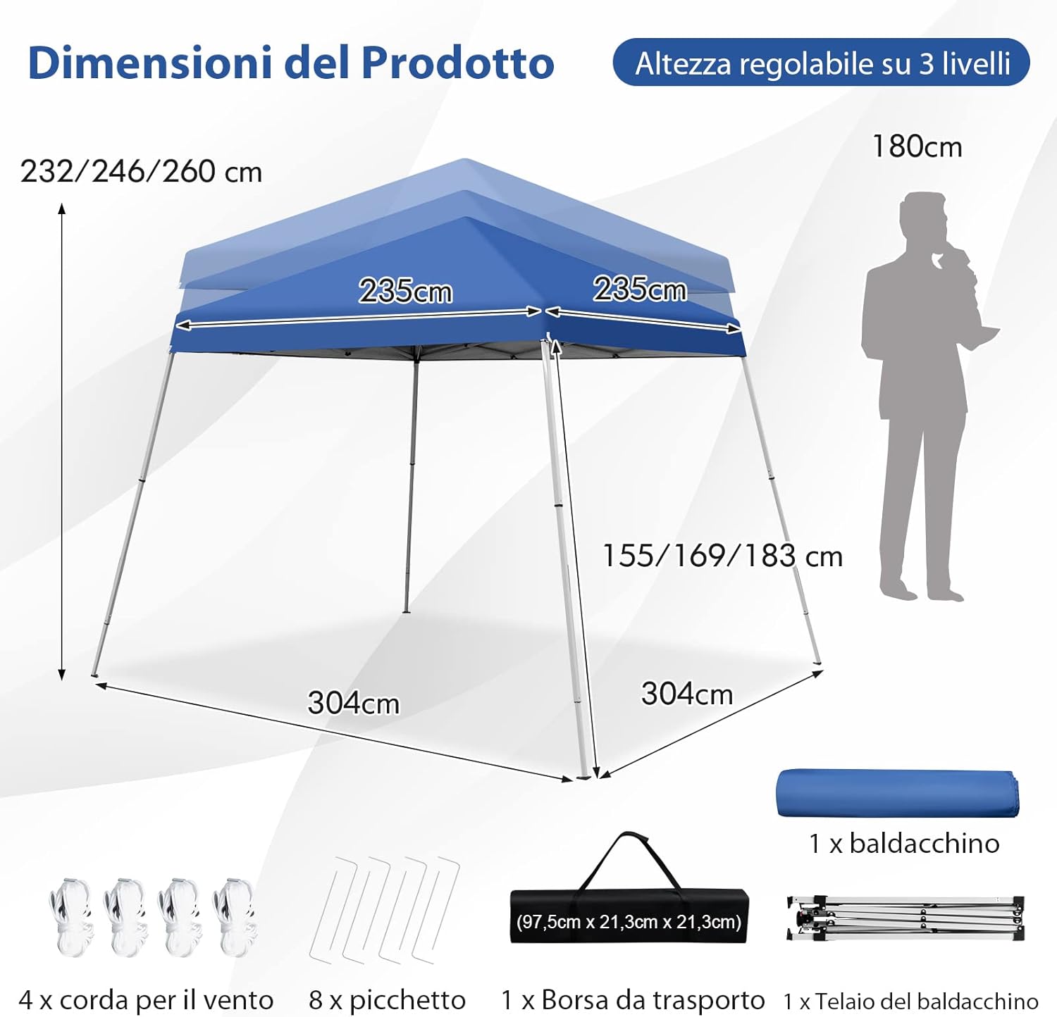 Gazebo Pieghevole da Giardino 3 x 3 M, Impermeabile, Altezza Regolabile, Gazebo da Esterno con Borsa di Trasporto, per Spiaggia, Campeggio, Patio, Mercato (Blu)