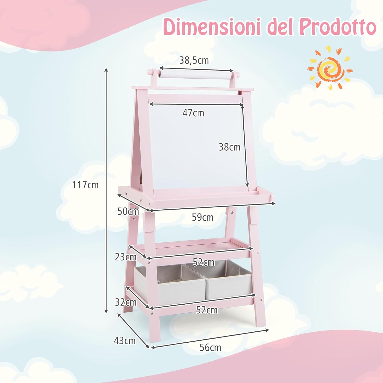 3 in 1 Cavalletto per Bambini con Doppia Faccia, Cavalletto per Disegno con 2 Vassoi e 2 Scatole, Lavagna Bambini in Legno (Rosa)