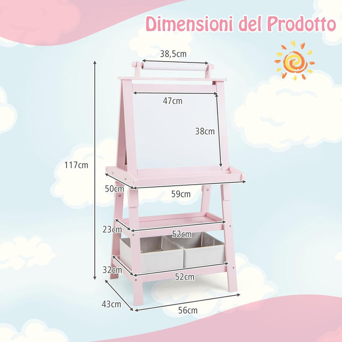 3 in 1 Cavalletto per Bambini con Doppia Faccia, Cavalletto per Disegno con 2 Vassoi e 2 Scatole, Lavagna Bambini in Legno (Rosa)