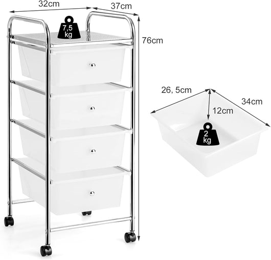 Carrello portaoggetti a 4 cassetti removibili in plastica, tornio portaoggetti con ruote in metallo con struttura a rotelle, organizer per ufficio, camera da letto, bagno (trasparente)