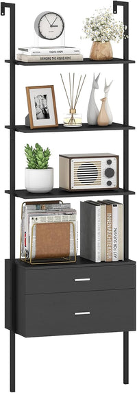 Libreria a Scala 184 cm, Scaffale da Parete a 6 Ripiani con 2 Cassetti e Struttura in Metallo, Ripiano Espositivo Aperto Moderno per Soggiorno Studio Ufficio, 60 x 30 x 184 cm (Nero)