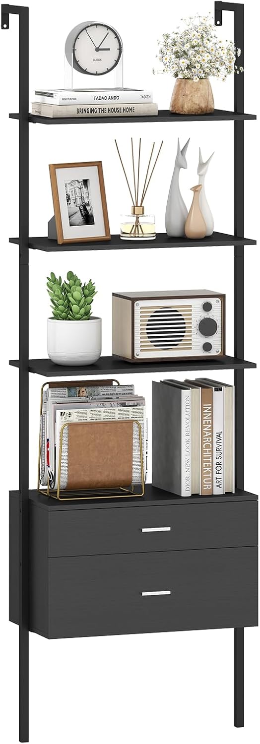 Libreria a Scala 184 cm, Scaffale da Parete a 6 Ripiani con 2 Cassetti e Struttura in Metallo, Ripiano Espositivo Aperto Moderno per Soggiorno Studio Ufficio, 60 x 30 x 184 cm (Nero)