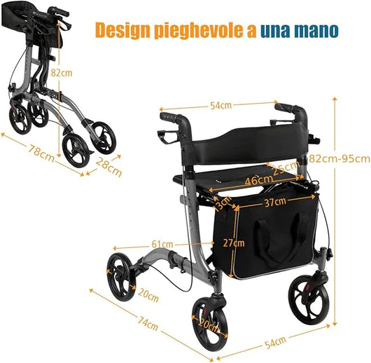 Deambulatore Pieghevole per Anziani Ultraleggero, con Sedile Borsa da Spesa e 4 Ruote Freno a Mano, Rollator Altezza Regolabile, Capacità 136kg, Lega di Alluminio, Nero (Grigio)