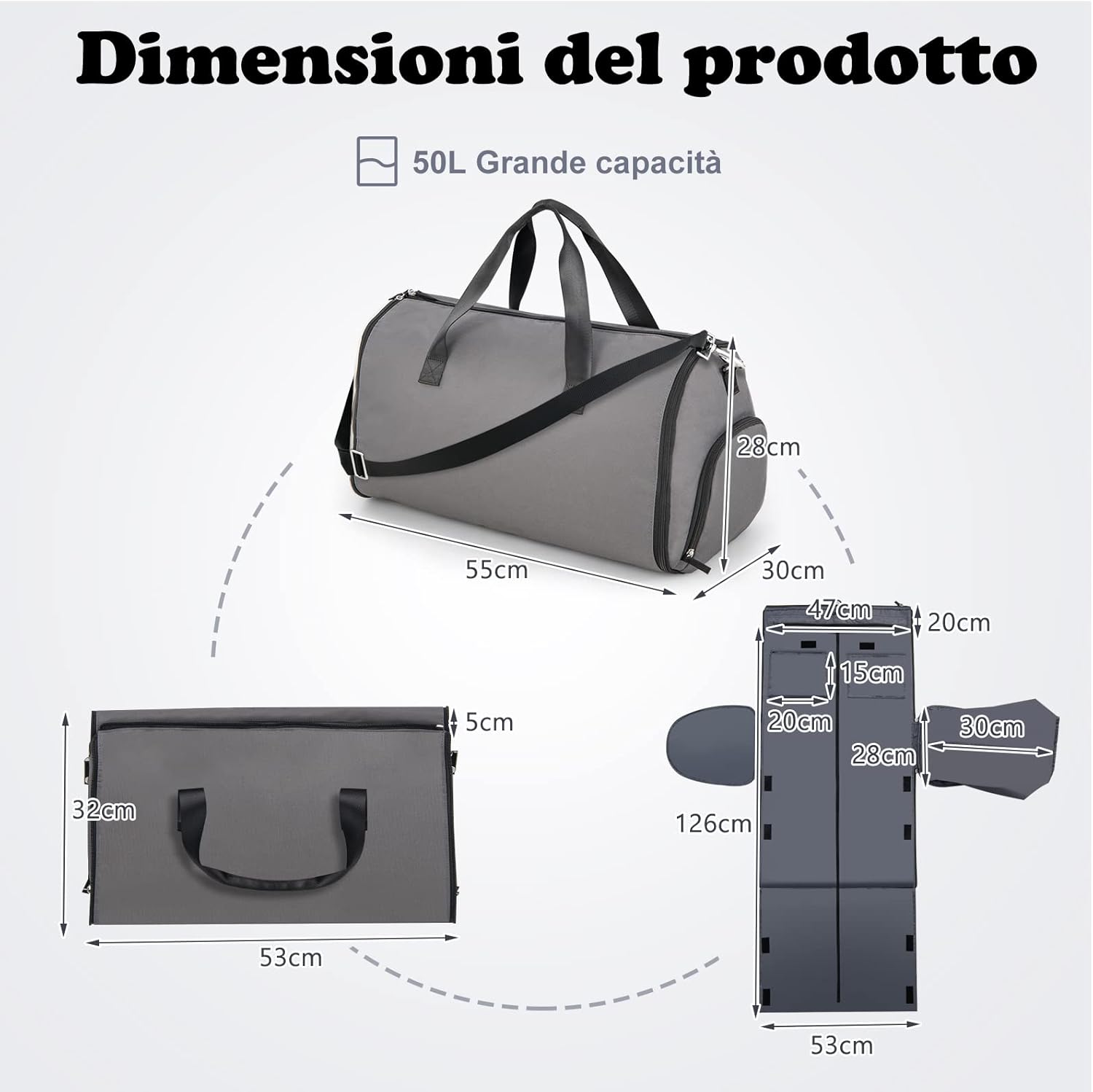 Borsone da Viaggio e Porta Abiti 2 in 1, Borsa da Viaggio con Scomparto per Scarpe e Tracolla Regolabile, Impermeabile, 50L (Grigio Scuro)
