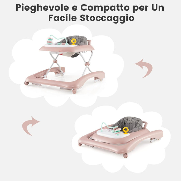 3 in 1 Girello per Bambini, Girello Pieghevole per Bambini, con 3 Altezze Regolabili, Sedile Imbottito e Piatto Giocattolo Rimovibile, Girello a Spinta con Ruote, per Bambini 6+ Mesi (Rosa)
