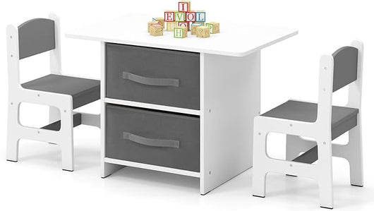 Set Tavolo e 2 Sedie per bambini, Set di Scrivania per Bambini con Ceste Portaoggetti Rimovibili, Mobili Salvaspazio in Legno per cameretta per 3+ Anni (Grigio)