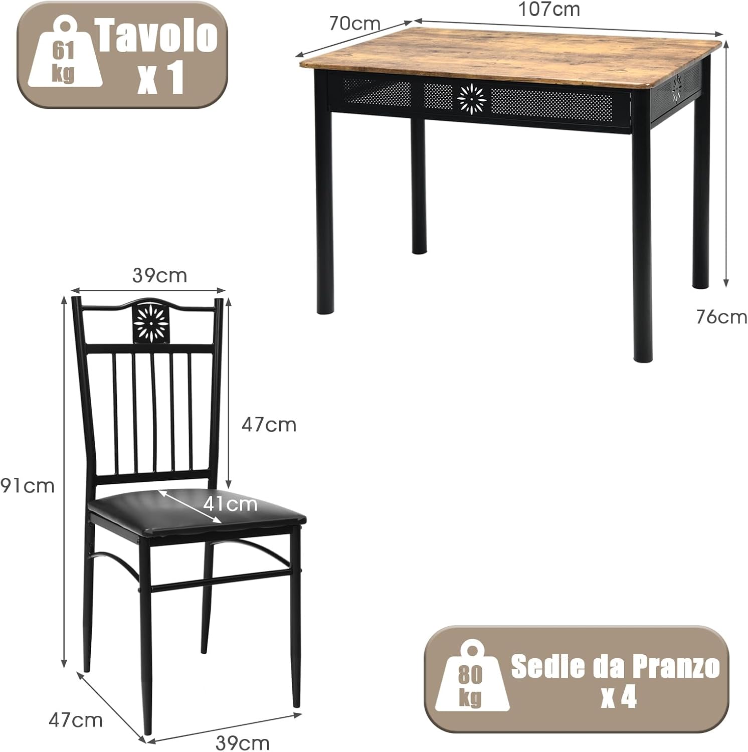 Set Tavolo e Sedie da Pranzo 5 Pezzi, Tavolo Cucina Rettangolare 110 cm con Sedie Imbottite per 4 Persone, Set Mobili Salvaspazio per Soggiorno Cucina Bar Ristorante (nero)