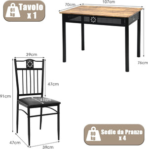 Set Tavolo e Sedie da Pranzo 5 Pezzi, Tavolo Cucina Rettangolare 110 cm con Sedie Imbottite per 4 Persone, Set Mobili Salvaspazio per Soggiorno Cucina Bar Ristorante (nero)