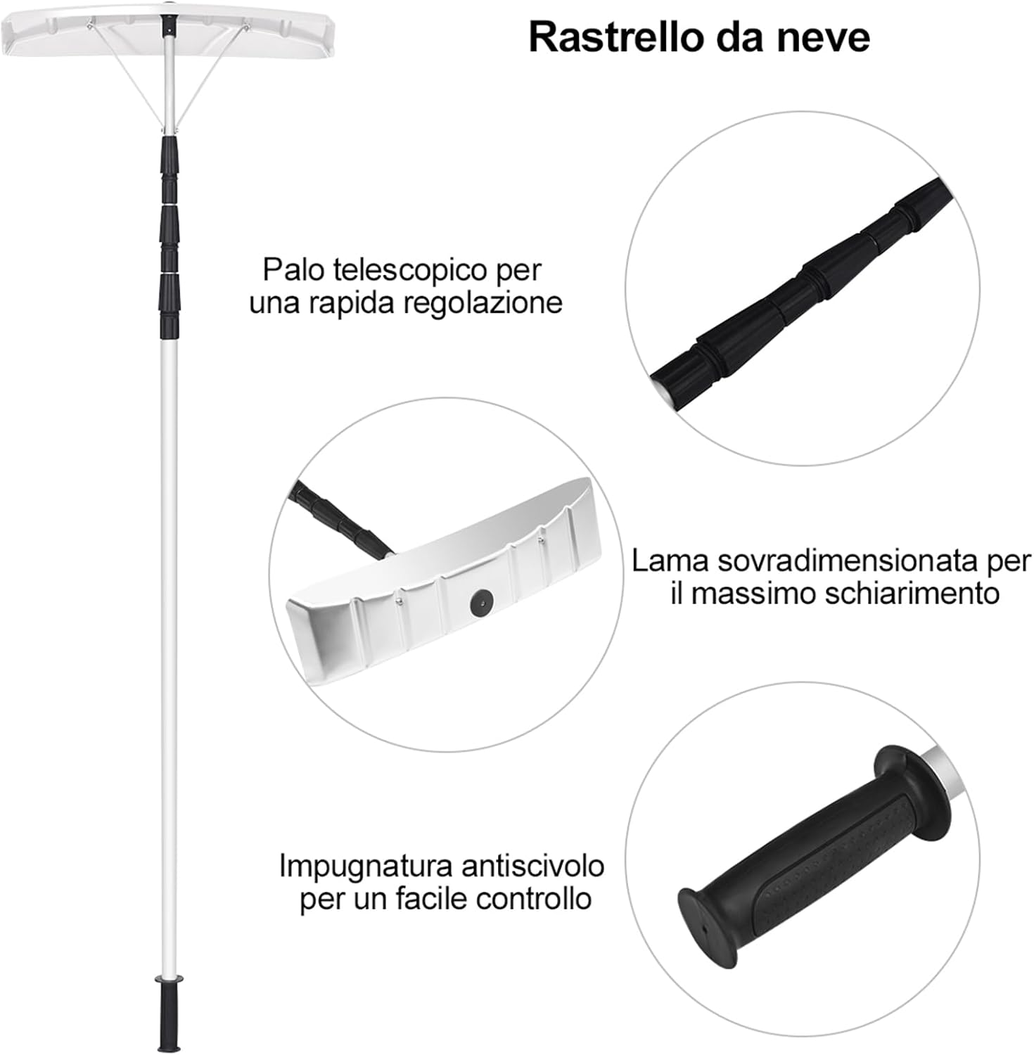 Rastrello da neve per tetti e Auto, telescopico e allungabile da 200 cm a 630 cm, pala da neve in alluminio, per vari occasioni, maniglia antiscivolo, con chiusura, bianco argenteo