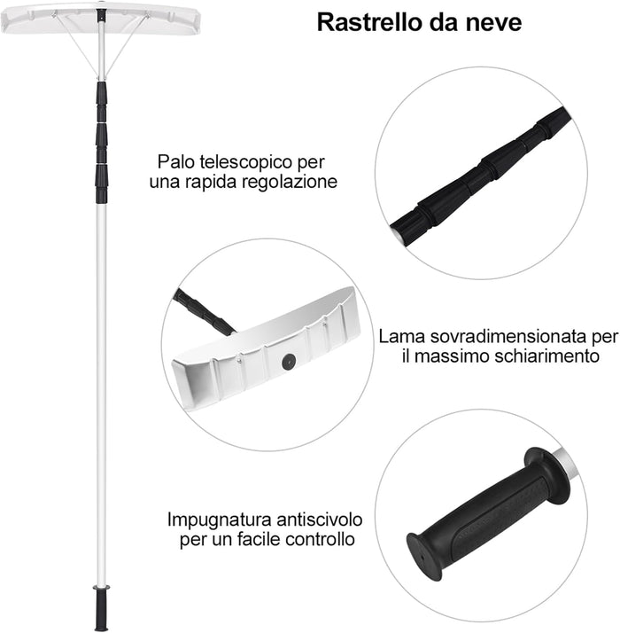Rastrello da neve per tetti e Auto, telescopico e allungabile da 200 cm a 630 cm, pala da neve in alluminio, per vari occasioni, maniglia antiscivolo, con chiusura, bianco argenteo