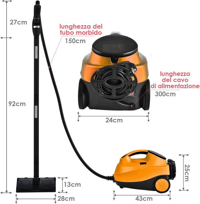 2000W Pulitore a Vapore con 19 Accessori e Serbatoio da 1,5L, Vapore per Tappeti, per Pulizie Profonde Pavimenti Finestre e Macchine (Arancia)