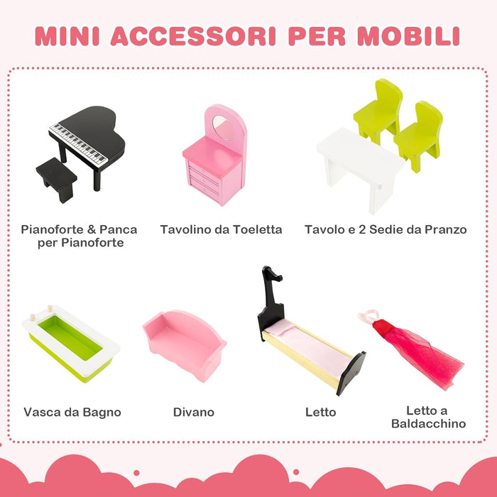 Casa delle Bambole in Legno, con Ascensore Funzionante, Scala Girevole, Stanze Simulate e Ricchi Accessori di Arredamento, Regalo per Bambini di 3+ Anni