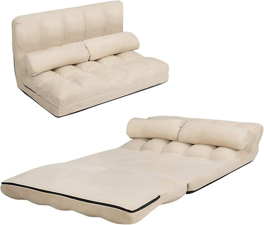 Divano Letto da Terra con 2 Cuscini, Divano Letto Pieghevole con Schienale Regolabile a 6 Livelli, Ideale per Camera da Letto e Soggiorno (Beige)