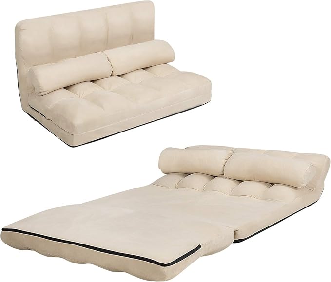 Divano Letto da Terra con 2 Cuscini, Divano Letto Pieghevole con Schienale Regolabile a 6 Livelli, Ideale per Camera da Letto e Soggiorno (Beige)