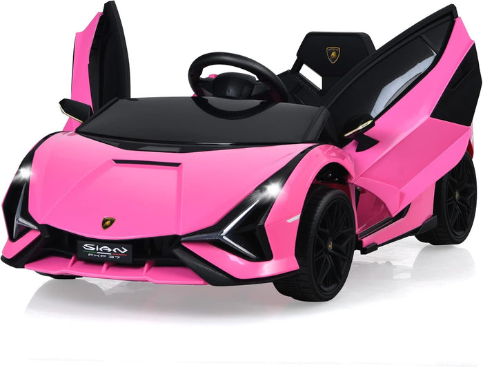 Macchina Elettrica Lamborghini per Bambini da 12V, Veicolo Elettrico Cavalcabile con Luci LED MP3 Telecomando, Fino a 5km/h, +3 Anni (Rosa)