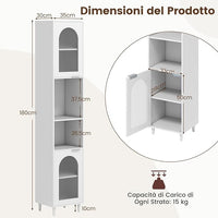 Mobiletto da Bagno, Armadio Alto in Legno con 2 Ante in Vetro Scanalato e Ripiani Regolabile, 35 x 30 x 180 cm, Mobile Salvaspazio per Cucina e Soggiorno