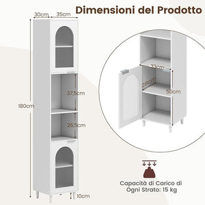 Mobiletto da Bagno, Armadio Alto in Legno con 2 Ante in Vetro Scanalato e Ripiani Regolabile, 35 x 30 x 180 cm, Mobile Salvaspazio per Cucina e Soggiorno