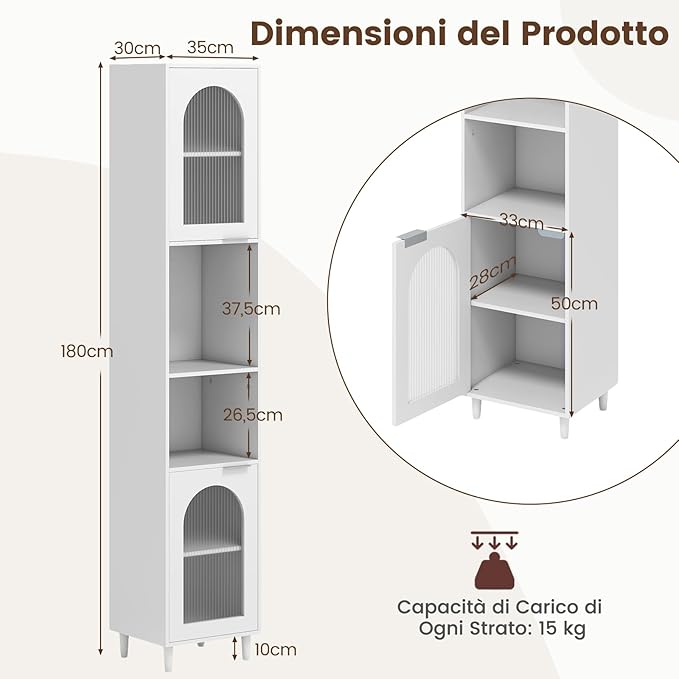 Mobiletto da Bagno, Armadio Alto in Legno con 2 Ante in Vetro Scanalato e Ripiani Regolabile, 35 x 30 x 180 cm, Mobile Salvaspazio per Cucina e Soggiorno