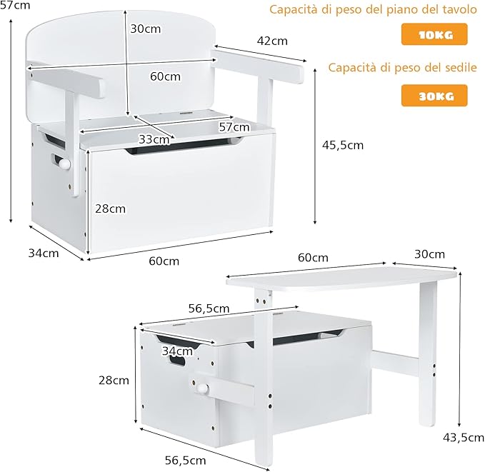 Cassapanca Contenitore 3 in 1 per Bambini Trasformabile in Legno con Scatola dei Giocattoli, Tavolo bambini con Sedie Multifunzione per 3-7 Anni (Bianco)