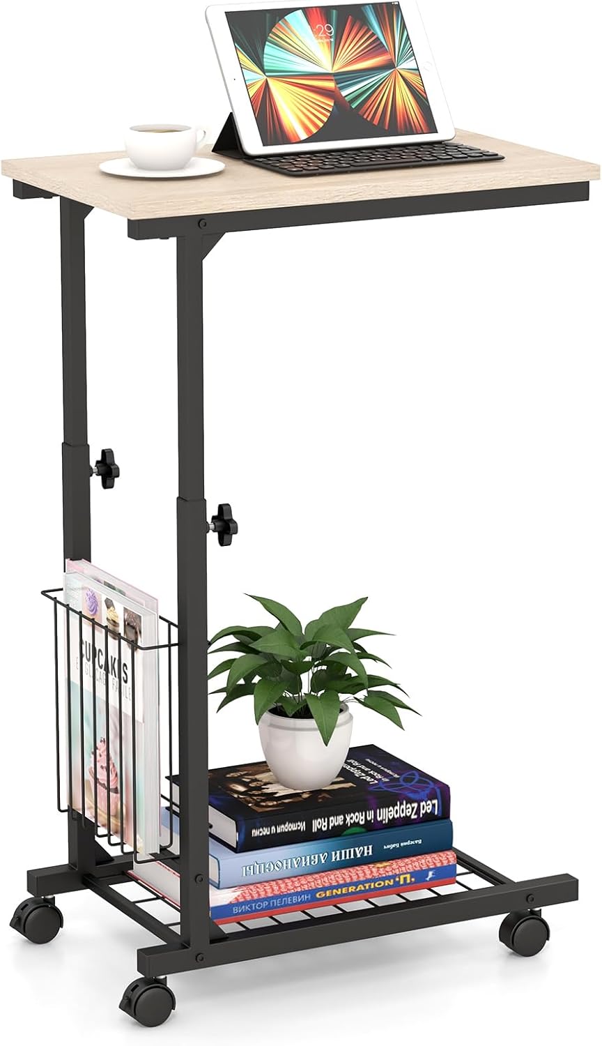 Tavolino da Salotto Moderno, Tavolino Basso Regolabile in Altezza con Ruote e Cestino Portaoggetti, Tavolino Porta PC a Forma di C da Divano e Letto per Soggiorno e Camera da Letto (Naturale)