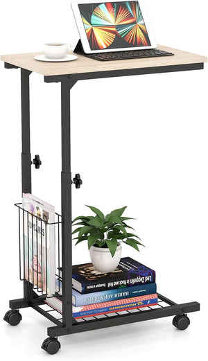 Tavolino da Salotto Moderno, Tavolino Basso Regolabile in Altezza con Ruote e Cestino Portaoggetti, Tavolino Porta PC a Forma di C da Divano e Letto per Soggiorno e Camera da Letto (Naturale)