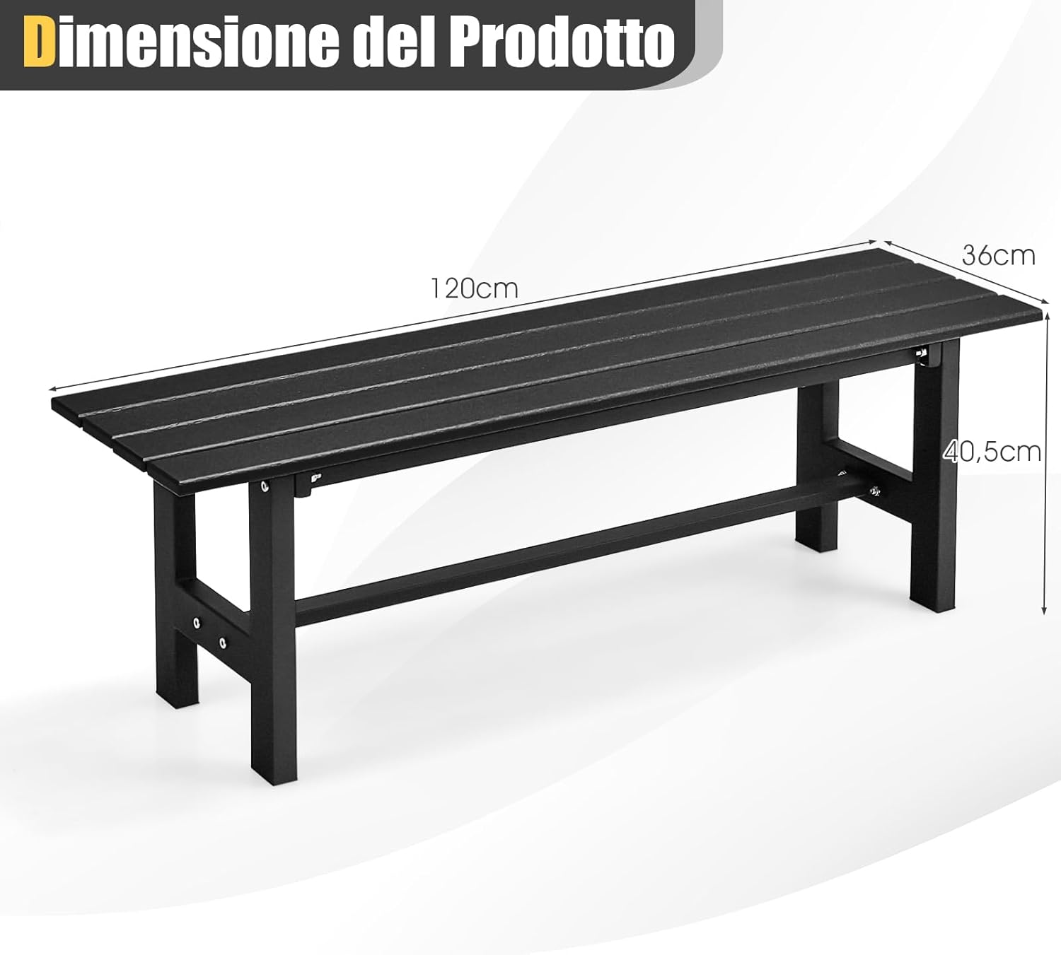 Panchina da Esterno con Sedile HDPE, Panca da Giardino con Telaio in Metallo Verniciato a Polvere, Panchina da Giardino, Parco e Balcone, Portata 300 kg, 120 x 36 x 40,5 cm (Black)