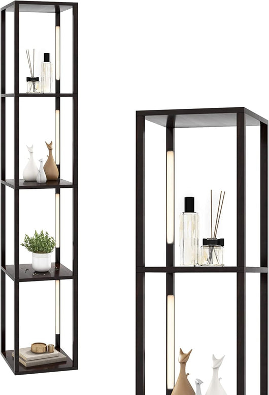 Lampada da Terra con Mensola, Lampadine LED Dimmerabili a 3 Livelli e Poli LED Ruotabili, Piantana Lampada da Terra per Soggiorno, Studio e Camera da Letto (Marrone)