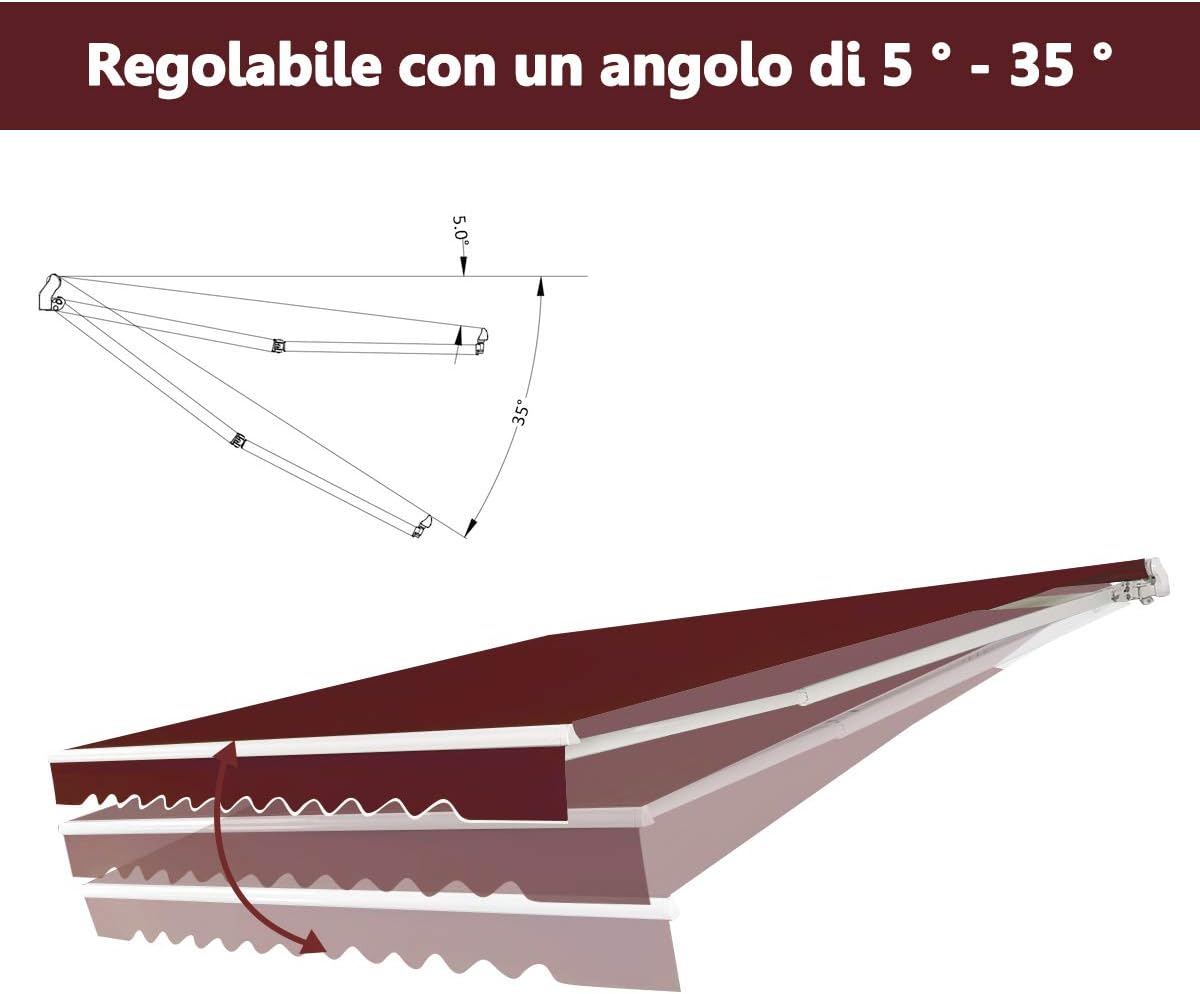 Tenda da Sole per Esterno Avvolgibile 3 x 2,5 M, Tenda da Sole a Bracci Estensibili con Telaio in Alluminio, Tettuccio Resistente al Sole e Impermeabile e Manovella (3 x 2,5 M, Rosso)